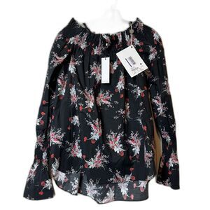 Adam Lippes Off The Shoulder Floral Top Printed Poplin Black/Poppy sz M New!
